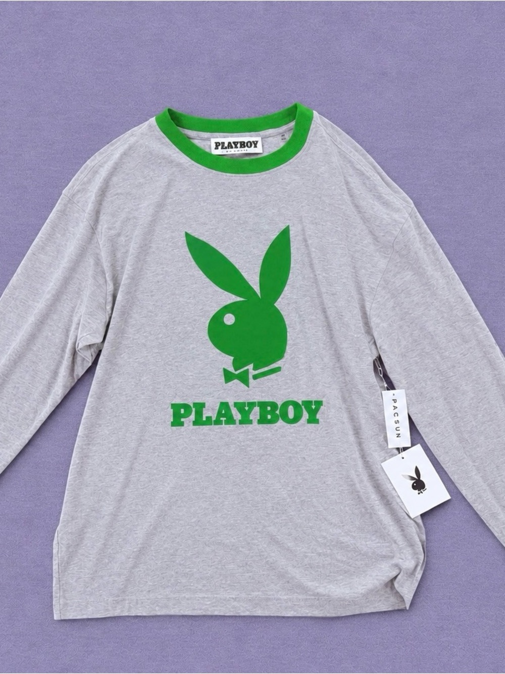 PLAYBOY Grey Long-Sleeve Tee with Green Bunny Logo